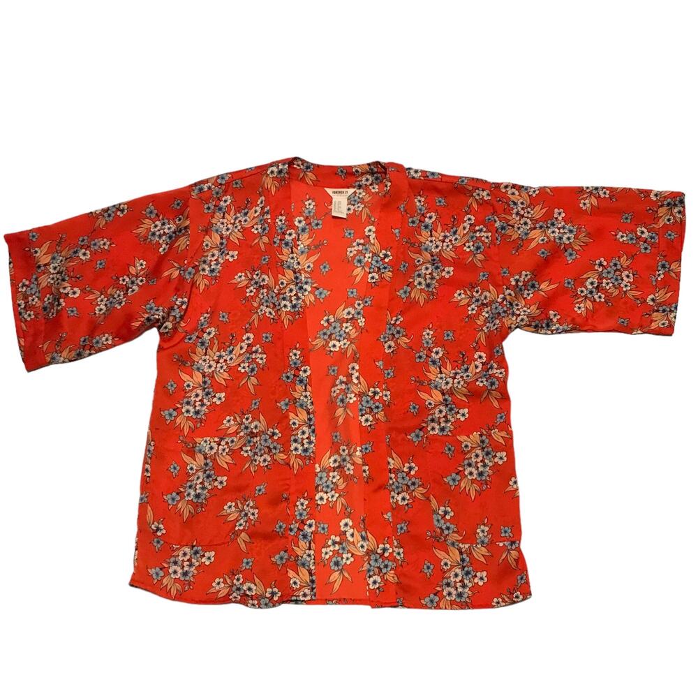 Forever 21 Silky Satin Kimono Floral Orange Girls Size 9-10 Boho Layering